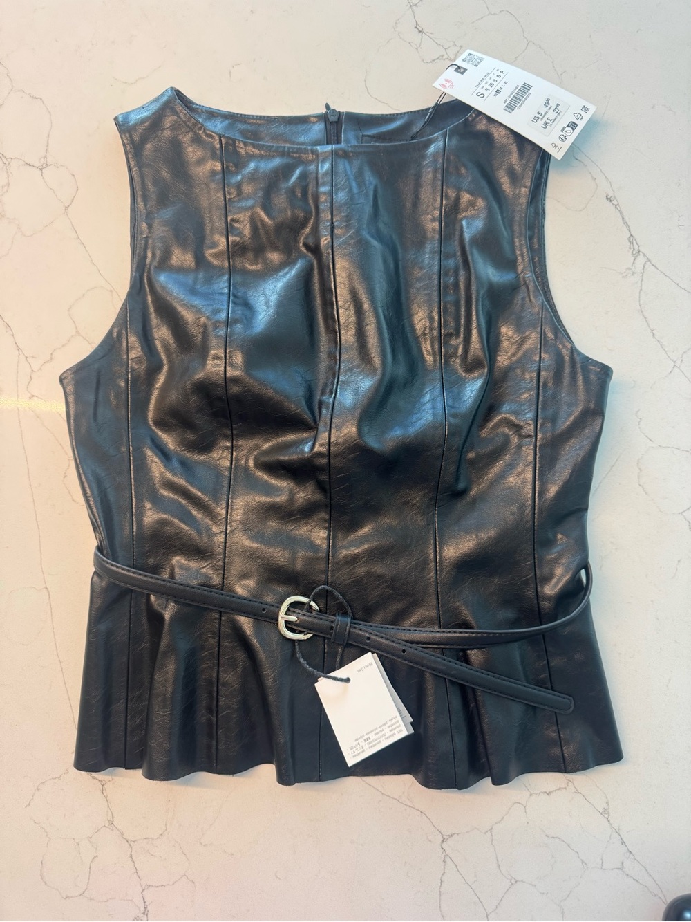 NWT Zara Black Faux Leather Top with Belt